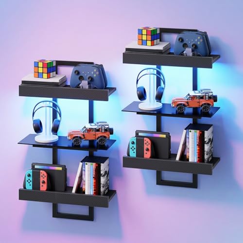 MAHANCRIS Gaming Floating Shelves for Wall, 3-Tier LED Wall Mounted Shelf, Hanging Display Rack of Sets 2, Decor Shelf with Glass for Gaming Room, Bathroom, Black FSHS90K01S2