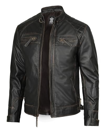 fjackets Real Lambskin Leather Biker Jacket — Quilted Cafe Racer Zip Up Moto Leather Jacket Men motorcycle