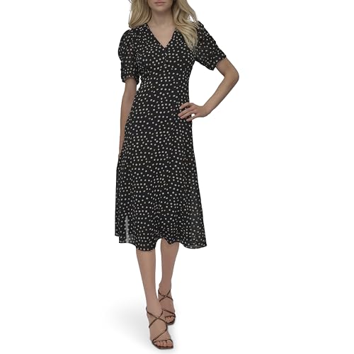 Image of DKNY Women's Short Sleeve Button Front Fit & Flare Midi Dress
