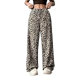 IYOWEL レディース ヒョウ柄パンツ ドローストリング ゴムウエスト ストレートレッグ ラウンジパンツ Y2K チーター パジャマ パンツ ポケット付き, アプリコット, Large