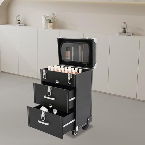Image of Makeup Train Case, Professional Cosmetics Rolling Organizer, Rolling Makeup Trolley Case, Nail Polish Organizer, Jewelry Travel Cosmetic Train Case with 4 Wheels & 2 Keys (Black)