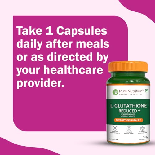 Image of Pure Nutrition Reduced L Glutathione Supplements | Glutathione Tablets for Skin Whitening With Hyaluronic Acid, Vitamin E & Biotin | Support Skin Health & Antioxidant | Skin Glow Tablets For Men & Women - 30 Veg Capsules