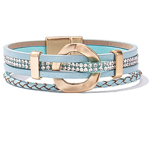 Teal Rhinestone Leather Wrap Bracelets Boho Braided Stackable Cuff Bangle
