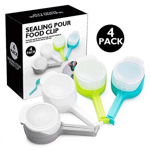 Bag Clips for Food Storage 4 Pieces Set, Seal Pour Food Storage Bag Clip with Pouring Spout, Moistureproof Airtight Sealing Clip for Snack, Pet Food, Nuts, Oats and Coffee