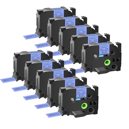 GREENCYCLE Compatible for Ptouch TZe-551 TZe551 AZE Tape 24mm 0.94 Inch 1" Black on Blue Laminated Label Tape for PT2730 PT9600 PTD600VP PTD800W PTH500LI PTP700 PTP710BT PTP750W, 10 Pack
