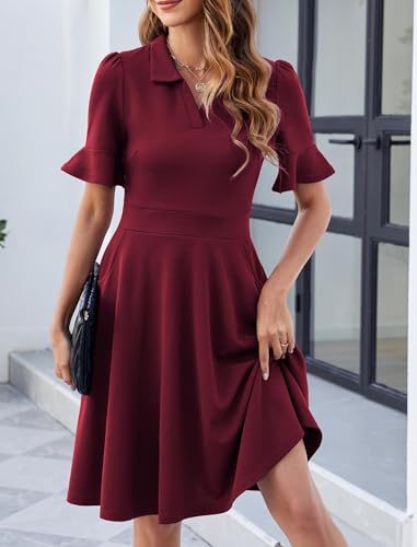 Image of Mokayee Womens Summer Ruffle Sleeve Collared V Neck Fit and Flare Elegant A line Swing Dresses with Pockets