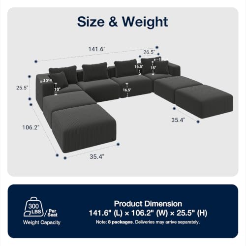 Image of Avenco 141-inch U-Shaped Modular Sectional Couch Sofa with 4 Ottomans