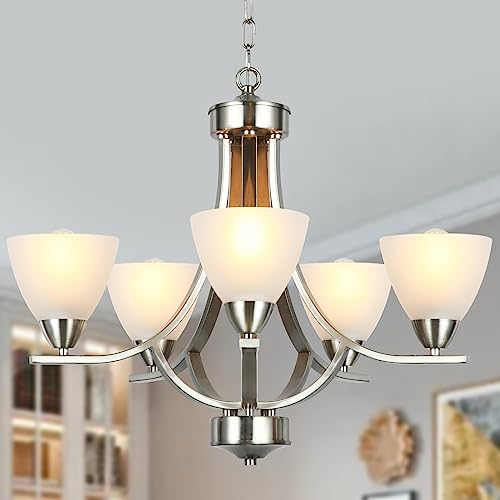 Derksic 5-Light Modern Chandelier Contemporary Chandeliers With Alabaster Glass Shade Dining Room Light Fixtures For Living Room Bedroom Bathroom, Brushed Nickel #TOP16