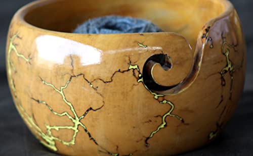 Image of Lichtenberg Figure Yarn Bowl - Handmade Wooden Yarn Bowl for Knitting Yarn Ball Holder - Yarn Bowls with Holes Crochet Bowl Holder - Yarn Storage Bowl 7 inch x 4 inch inches (Yellow Resin Yarn Bowl)