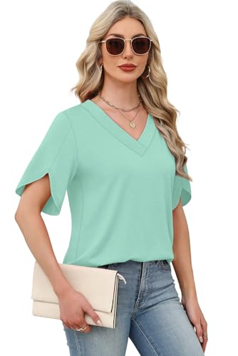 Image of WIHOLL Womens Summer Tops Short Petal Sleeve Shirts Fashion V Neck Womens Clothing