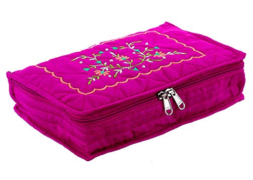 Image of Amazon Brand - Solimo Cotton Blend Embroidery Jewellery Kit cum Pouch, Pink Satin Jewellery Pouch Cum Makeup Kit, Gold