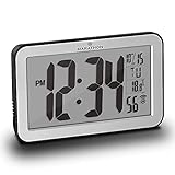 MARATHON Commercial Grade Panoramic Autoset Atomic Digital Wall Clock with Table or Desk Stand, Date, and Temperature, 8 Time Zone, Auto DST, Self Setting, Self Adjusting, Batteries Included (Silver)