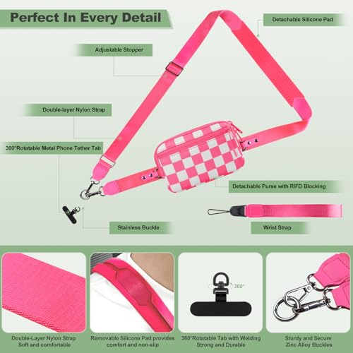 Image of YFWE Clip and Go Strap for Phone with Wallet Crossbody, Adjustable Phone Lanyard with Detachable RFID Wristlet Wallet, Phone Strap with Phone Tabs for All Phones, Pink Checkered (M)