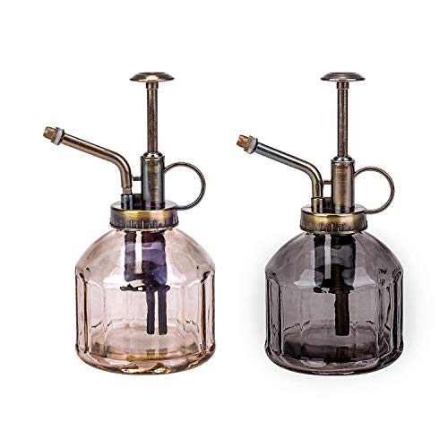 SUNNOW Vastto 2 Pack Classical Glass Plant Mister Spray Bottle with Plastic Imitation Bronze Top Pump,for Garden and Cleaning (Sandy Beige and Smoky Gray)