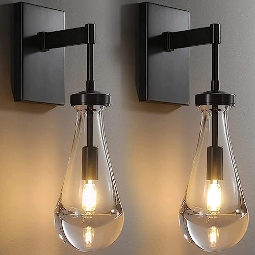 RINGRAIN Wall Sconces Modern Raindrop Wall Lights Set of 2, Matte Black Indoor Vanity Light Fixtures for Bathroom,Raindrop Wall Lamp with Hand Blown Solid Glass Perfect for Bedroom, Living Room