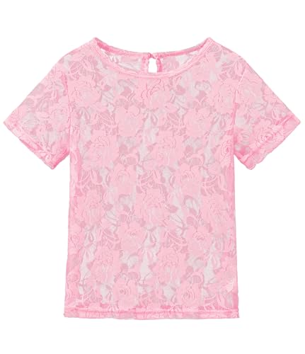 Image of Noomelfish Girls Lace Short Sleeve Layering Tops Sheer Mesh Tee Shirts Blouse (5-12 Years)