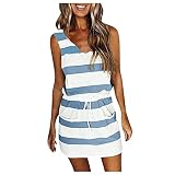 Alueeu Sommer Sexy Sommerkleid Damen Kurz Ärmellos, Lange Ärmel Kleid Strandkleider Elegant Gestreift Freizeitkleid Schulterkleid Strandmode mit Streifen