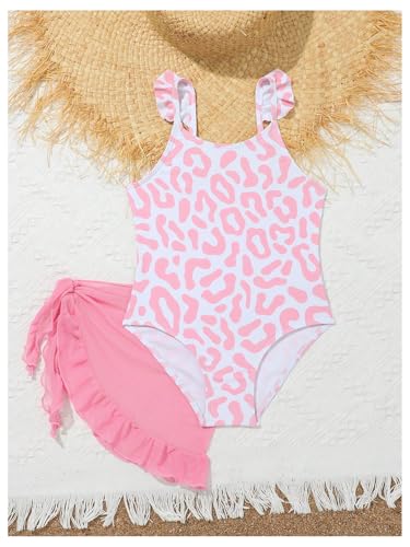 Girl's Leopard Print Ruffle One Piece Swimsuit Cute Scoop Neck Bathing Suit with Cover Up Skirts3
