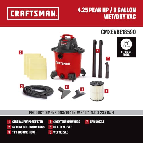 CRAFTSMAN CMXEVBE18590 9 Gallon 4.25 Peak HP Wet Dry Shop Vacuum - Image 3