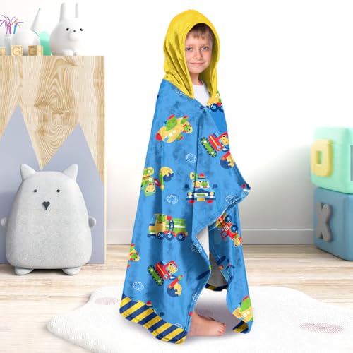 Image of Engineering Vehicle Boys Beach Towel with Hoodie for Kids Toddlers Age 4-8,Car Blue Bath Towels Shower Wrap for Boys, Hooded Poncho Beach Blanket for Pool Swimming Cute Wearable Bath Towel for Child