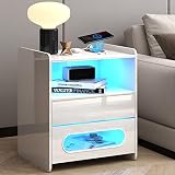 dnbss Nightstand with Wireless Charging Station and LED Lights, Modern Bedside Table with Jewelry St