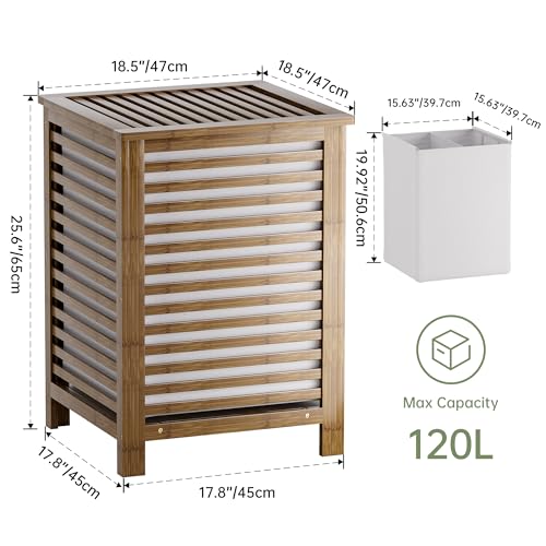 SMIBUY Double Laundry Hamper with Lid, 120L Bamboo Laundry Basket with Removable Liner Bag, 2-Section Clothes Divider Laundry Sorter for Laundry Room, Bathroom, Bedroom (Walnut) - Image 4