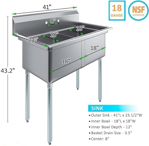 Express-KitchQuip 2-Compartment Stainless Steel Prep & Utility Sink – 41" x 24" | (2) 18" x 18" x 12" Bowls | NSF Certified | Commercial Kitchen, Bar, Garage