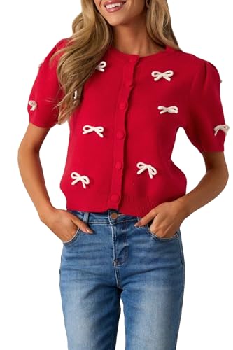 Image of Kedera Women's Casual Short Knit Bow Sweater Crew Neck Puff Sleeve Shirts Sweater Loose Blouses Tops