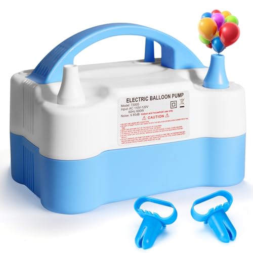 Voircoloria Balloon Pump Electric, Portable Automatic Dual Nozzle Inflator 110V 600W with Tying Tools for Birthday Gender Reveal Baby Shower Balloons Party Decorations(Blue)