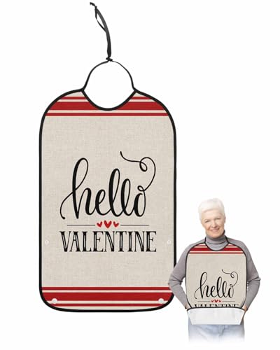 LEOKOTI Hello Winter Adult Bibs for Eating, Waterproof Bibs with Food Catcher & Adjustable Snap Closure, Valentines Love Heart Red Striped Washable Clothing Protectors Adult Bibs for Elderly