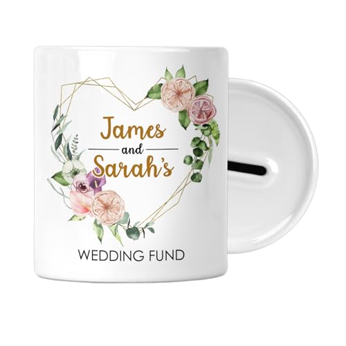 Personalised Wedding Fund Money Box - Piggy Bank - Custom Engagement Gift for Couples, New Fiancé Gift, Wedding Savings Jar, Money Pot, Floral Heart