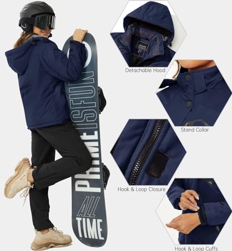KEFITEVD Warm Übergangsjacke für Damen Winter Dicke Polyester Stehkragen Winterjacke mit Hook Loop Bündchen Thermojacke für Winterradfahren Allwetterjacke Dunkelblau L