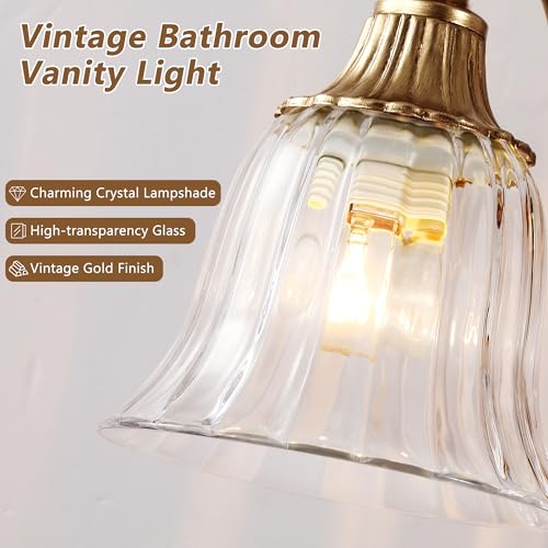 Image of Vintage 2-Light Brushed Gold Vanity Light, Crystal Glass Shade | Antique Gold Finish, Bathroom Lighting Fixtures Over Mirror, Wall Sconce Lighting for Bedroom, Living Room