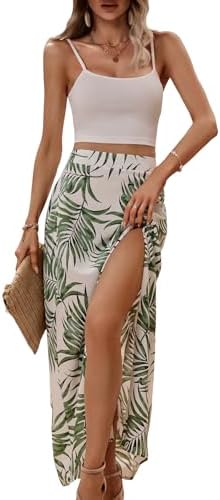 MakeMeChic Women's Summer 2 Piece Tropical Outfits Cami Crop Top Flowy Tropical Long Skirt Set Tropical White Large