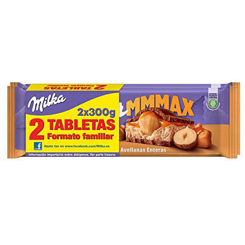 Milka MMMAX, Tableta Grande de Chocolate con Leche de los Alpes, Relleno de Avellanas Enteras y Crema de Caramelo, Pack 2 x 300 g
