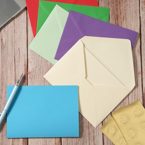 50 Pack A7 Colorful Envelopes with 5x7 Blank Heavy Colored Folded Cardstock and Gold Stickers for Greeting Cards, Wedding, Birthday Party, Baby Showers, Invitations (5x7)