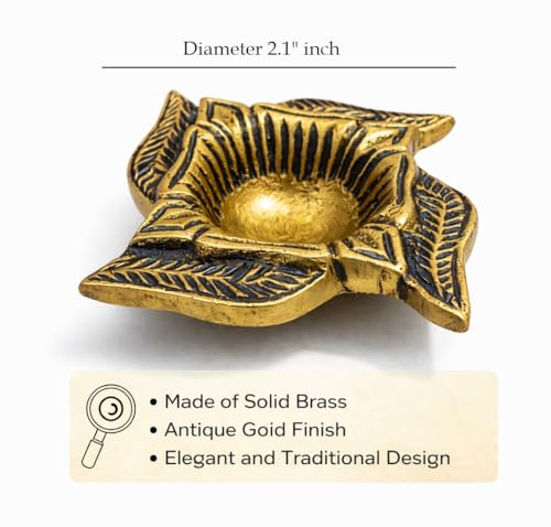 Image of Pure Solid Brass Diya for Pooja (100g) | Small Oil Lamp for Mandir | Antique Gold Floral Diya | Diwali Decoration, Home Temple Decor, Traditional Puja Deepam, Return Gift Item