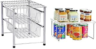 Amazon Basics 2-Tier Sliding Basket Organizer, Silver & iDesign Pantry Storage Unit, Shelf Organiser Made of Durable Plastic and Metal, Practical Kitchen Storage Organiser for Food, Clear/Silver
