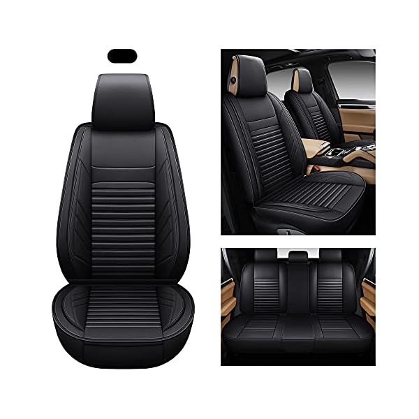 AOOG Leather Car Seat Covers, Leatherette Automotive Seat Covers for Cars SUV Pick-up Truck, Non-Slip Vehicle Car Seat Covers Universal Fit Set for Auto Interior Accessories, Full Set, Black. - Image 3