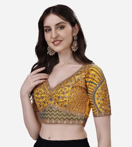 Image of Pujia Mills Mills Women's Fancy Readymade Heavy Coding Embroidary Worked Half Sleeve Multicolor Saree Blouse(Mushroom)