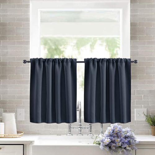 Treer Set di 2 Tende Corte Moderne per Piccole Finestre, Tendine Cucina Oscuranti Tinta Unita Tenda a Vetro Interni, Adatte per Sottolavello, Bagno e Bistrò (Blu navy,76x60cm)