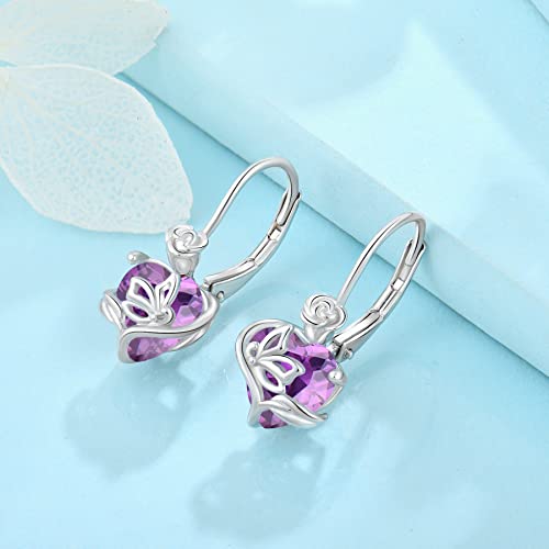 Fj Heart Rose Butterfly Birthstone Drop Earrings, Sterling Silver Heart Dangle Earrings February Amethyst Birth Stone Gemstone Dainty Jewelry, Mothers Day Graduation Birthday Christmas Anniversary Love Gifts For Women Girls Her #TOP2