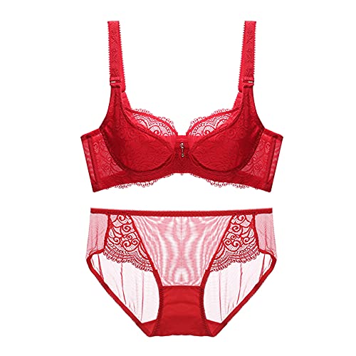 Ensemble soutien-gorge sexy en dentelle rouge 90C et sa culotte assortie à armatures WENJUN