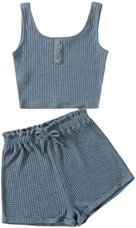 女童 2 件套华夫格针织低圆领系扣露脐背心纸袋腰部运动短裤