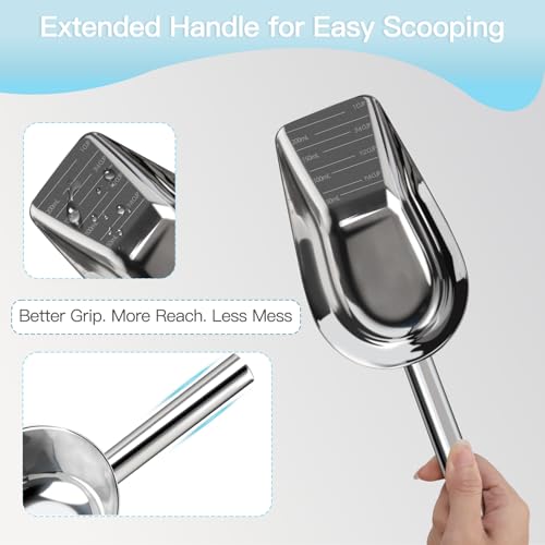 Aloxina Dog-Cat Food Scoop 1 Cup – Thickened 304 Stainless Steel Pet Food Scoop with Long Handle, Precision Scale, Easy to Clean, Suitable for Wet Dry Food