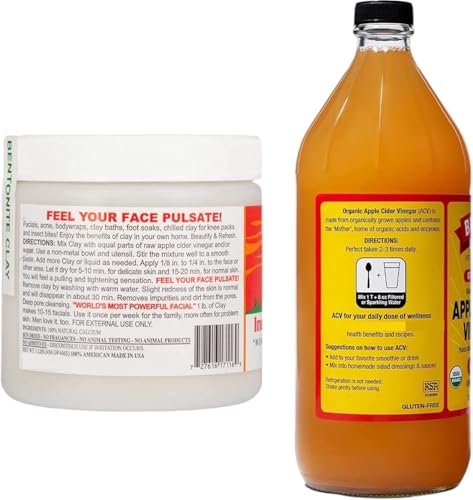 Healing Clay100% Original Indian Clay Mask + Apple Cider Vinegar - PACK 100% Natural, Face Mask, Hair Mask, Detox Bath, 473 ml Apple Cider Vinegar for INDO Healing Clay