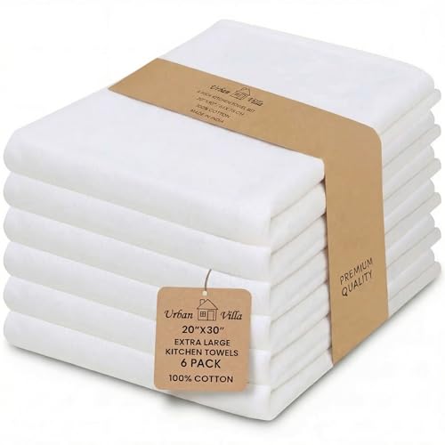 Urban Villa Kitchen Towels 100% Cotton Dish Towels for Kitchen(Set of 6) 20”x30” Dish Cloths Highly Absorbent Kitchen Linen Set with Hanging Loop Perfect for Drying Dishes Cleaning Hand Towels – White