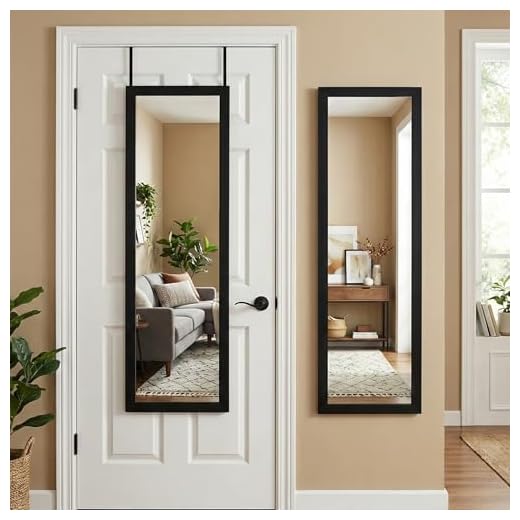Americanflat 12x48 Black Over The Door Mirror - Full Length Hanging Door Mirror for Bedroom, Bathroom, Dorm - Long Full Body Mirror with Hanger and Shatter-Resistant Glass