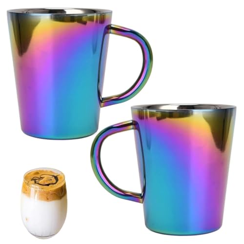 Beufee 2 Pack Double Walled Coffee Mugs, 300ml Stainless Steel Coffee Cup Rainbow Travel Mugs with Handle Milk Cups Insulated Hot and Cold Drink Glasses