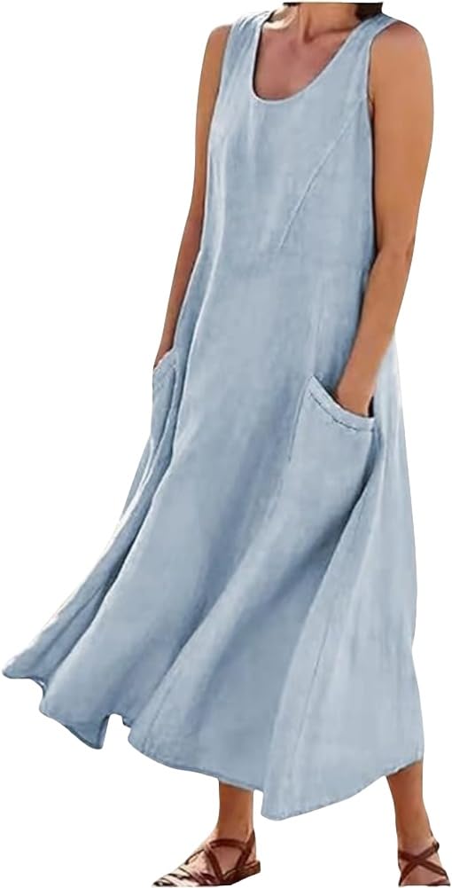 Pinclodly Summer Cotton Linen Dress for Women 2024 Sleeveless Casual Loose Tank Dress with Pockets